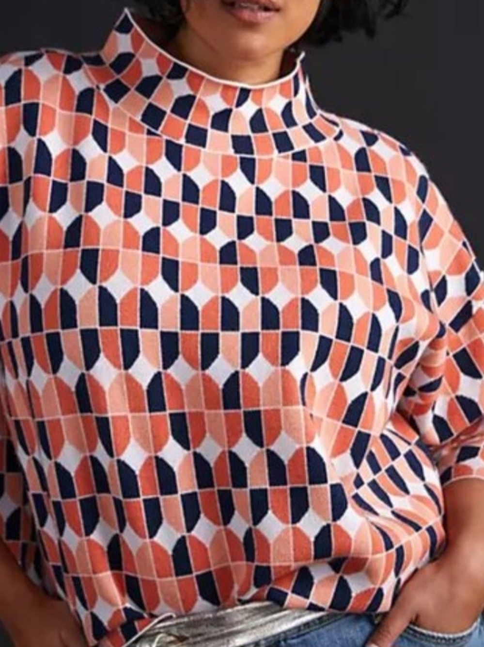MAEVE By ANTHROPOLOGIE Coral and Black Geometric Mock-Neck Sweater